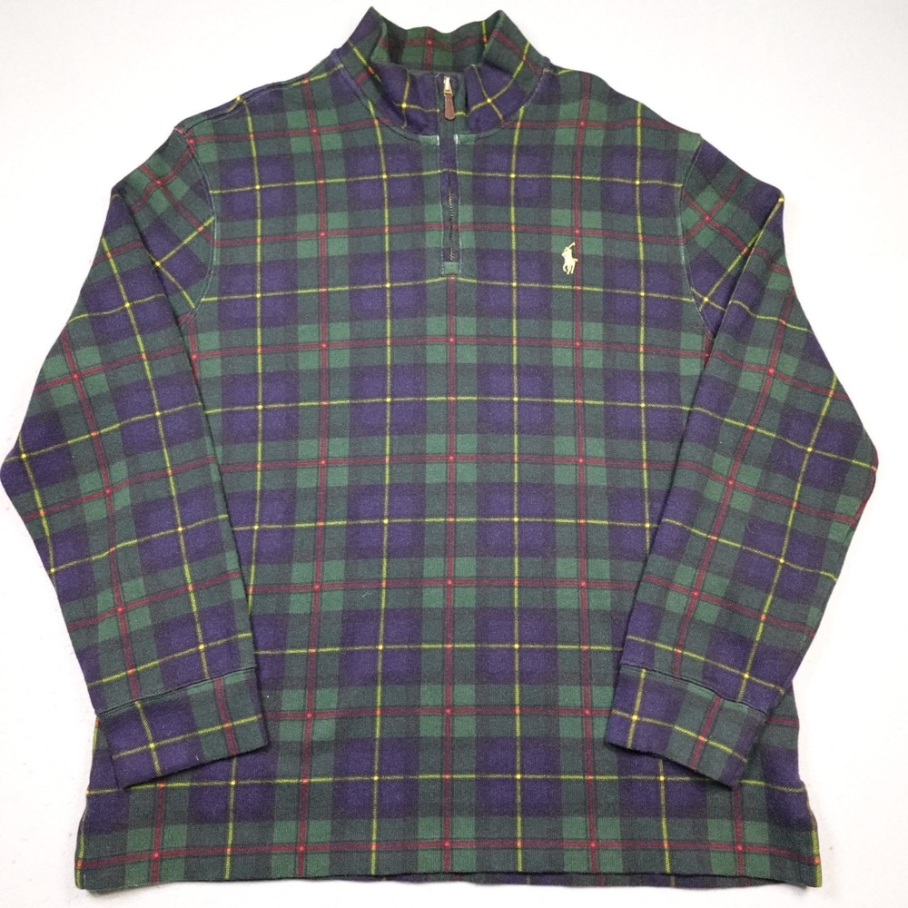 Polo Ralph Lauren Fleece Pullover Mens L Blue Green Tartan Plaid Retro 1/4 Zip